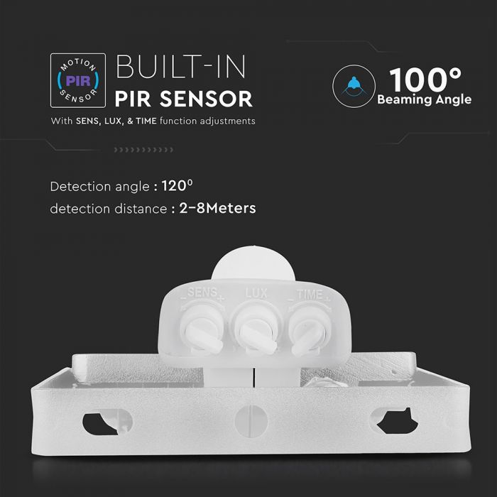 30W(2400Lm) LED Prožektors ar PIR kustības sensoru, V-TAC SAMSUNG, IP65, garantija 5 gadi, balts korpuss, auksti balta gaisma 6400K