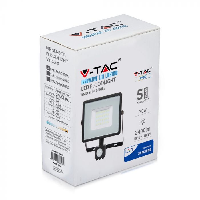 30W(2400Lm) LED-strålkastare med PIR-rörelsesensor, V-TAC SAMSUNG, IP65, 5 års garanti, svart hölje, varmvitt ljus 3000K
