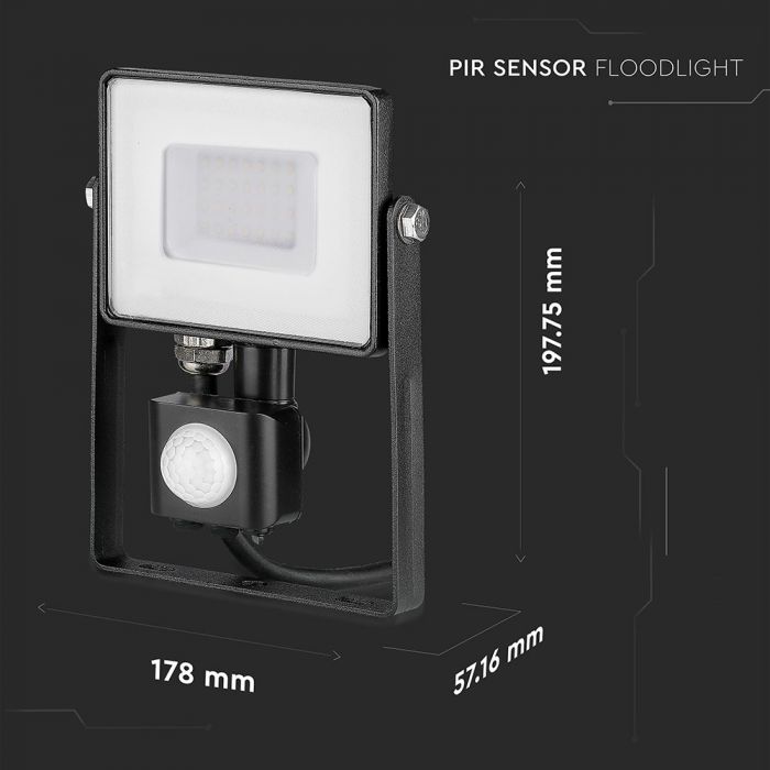 30W(2400Lm) LED-strålkastare med PIR-rörelsesensor, V-TAC SAMSUNG, IP65, 5 års garanti, svart hölje, varmvitt ljus 3000K