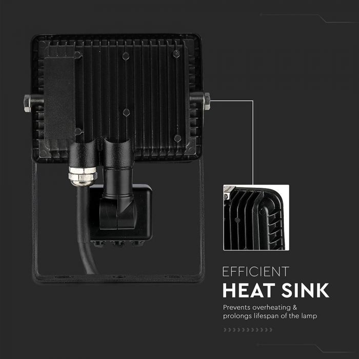 30W(2400Lm) LED-strålkastare med PIR-rörelsesensor, V-TAC SAMSUNG, IP65, 5 års garanti, svart hölje, varmvitt ljus 3000K