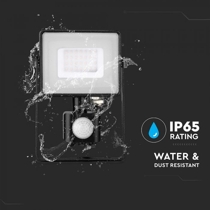 30W (2400Lm) LED-valgusti PIR liikumisanduriga, V-TAC SAMSUNG, IP65, 5-aastane garantii, must korpus, soe valge valgus 3000K