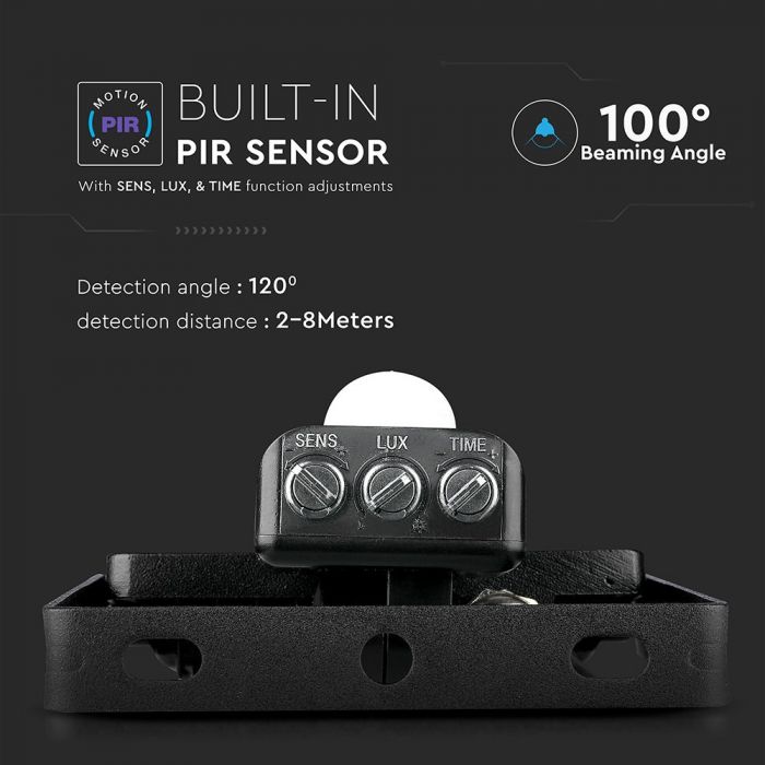 30W(2400Lm) LED-strålkastare med PIR-rörelsesensor, V-TAC SAMSUNG, IP65, 5 års garanti, svart hölje, varmvitt ljus 3000K