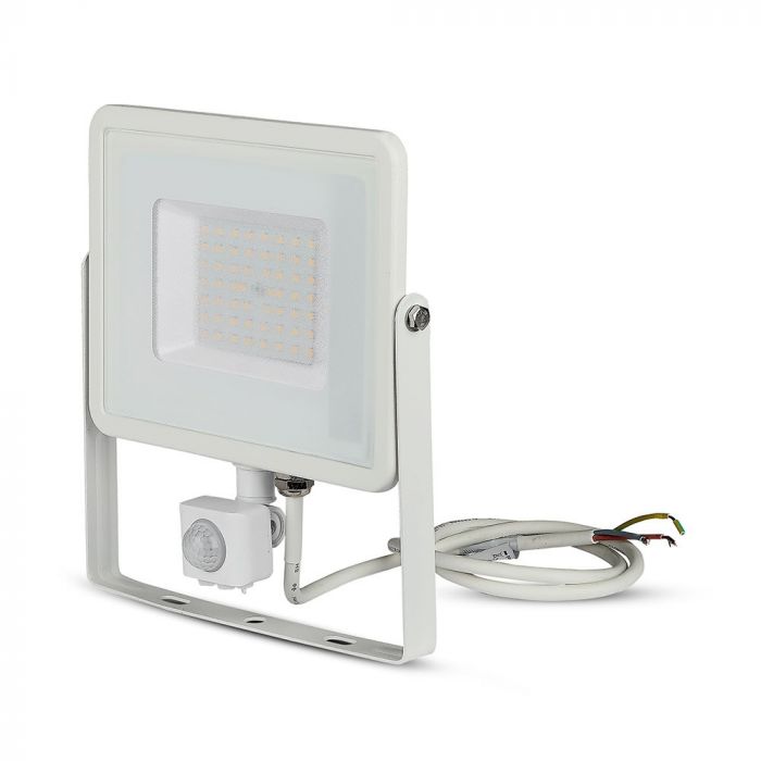 50W(4000Lm) LED Prožektors ar PIR kustības sensoru, V-TAC SAMSUNG, IP65, garantija 5 gadi, balts korpuss, silti balta gaisma 3000K