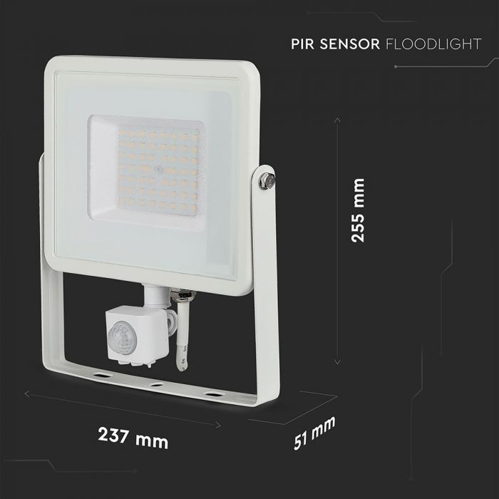 50W(4000Lm) LED Prožektors ar PIR kustības sensoru, V-TAC SAMSUNG, IP65, garantija 5 gadi, balts korpuss, silti balta gaisma 3000K