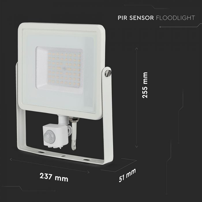 KASTE 8 gab. x 17,85€ – 50W(4000Lm) LED Prožektors ar PIR kustības sensoru (Cut-OFF), V-TAC SAMSUNG, IP65, garantija 5 gadi, balts korpuss, silti balta gaisma 3000K