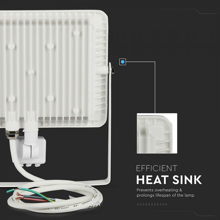 50W(4000Lm) LED Spotlight with PIR motion sensor, V-TAC SAMSUNG, IP65, warranty 5 years, white body, warm white light 3000K