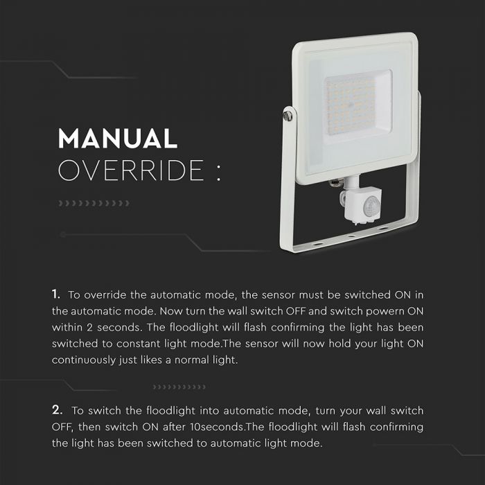 50W(4000Lm) LED Spotlight with PIR motion sensor, V-TAC SAMSUNG, IP65, warranty 5 years, white body, warm white light 3000K