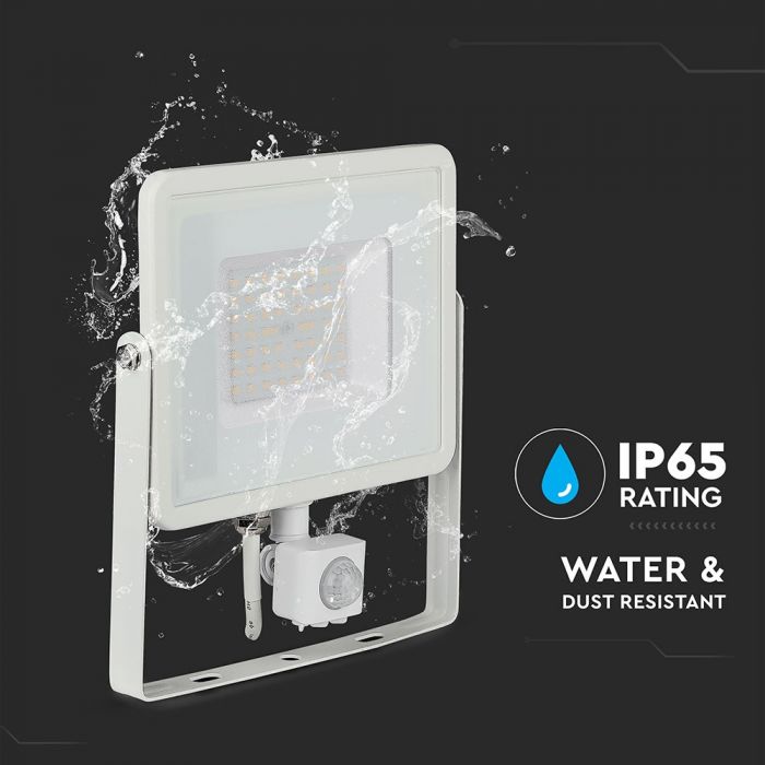 KASTE 8 gab. x 17,85€ – 50W(4000Lm) LED Prožektors ar PIR kustības sensoru (Cut-OFF), V-TAC SAMSUNG, IP65, garantija 5 gadi, balts korpuss, silti balta gaisma 3000K