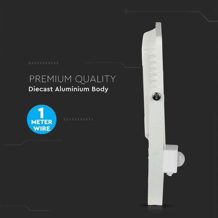 KASTE 8 gab. x 17,85€ – 50W(4000Lm) LED Prožektors ar PIR kustības sensoru (Cut-OFF), V-TAC SAMSUNG, IP65, garantija 5 gadi, balts korpuss, silti balta gaisma 3000K