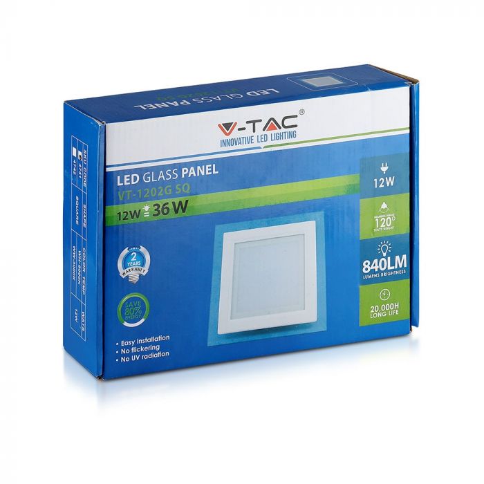 12W(840Lm) LED paneel süvistatav ruut, V-TAC, soe valge valgus 3000K, koos toiteplokiga.