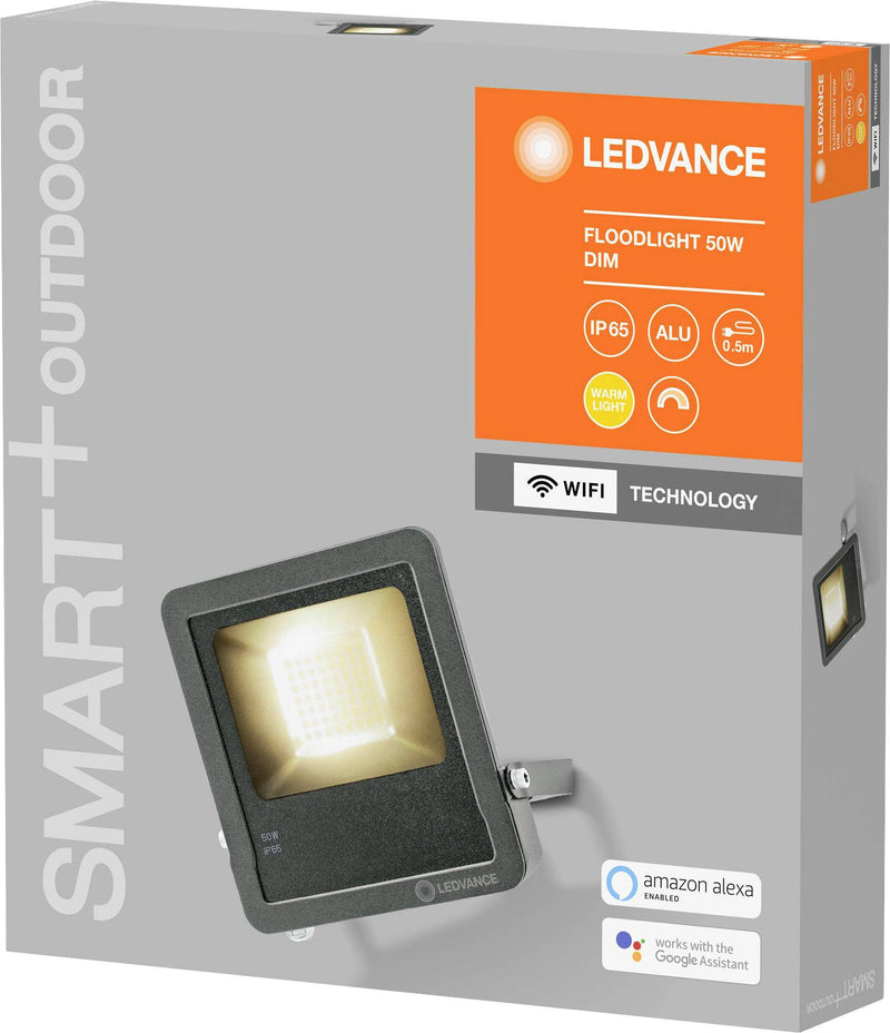 Прожектор LEDVANCE LED SMART 50W(4250Lm), WIFI, совместим с Google Assistant и Amazon Alexa, диммируемый, IP65, серый, 36x237x200 мм, теплый белый свет 3000K
