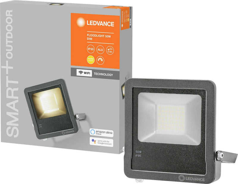 Прожектор LEDVANCE LED SMART 50W(4250Lm), WIFI, совместим с Google Assistant и Amazon Alexa, диммируемый, IP65, серый, 36x237x200 мм, теплый белый свет 3000K