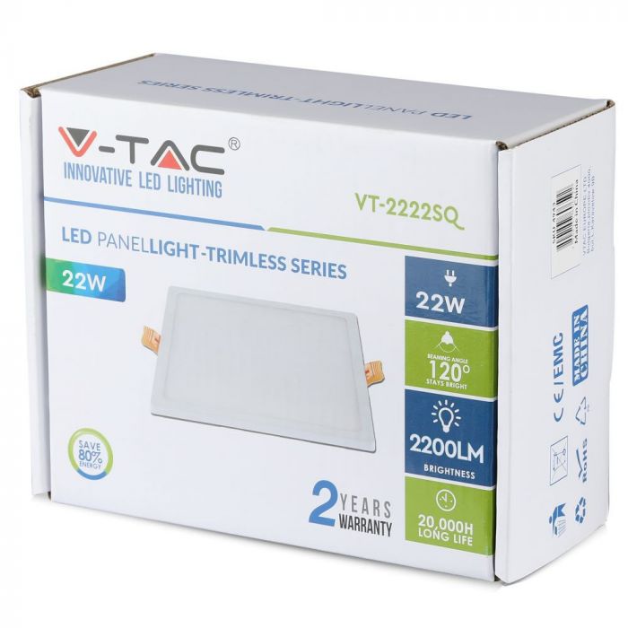 22W(2200Lm) LED paneel süvistatav ruut, V-TAC, külmvalge 6400K, koos toiteplokiga.