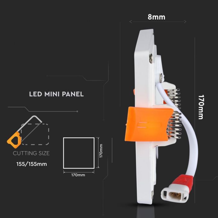 22W(2200Lm) LED paneel süvistatav ruut, V-TAC, külmvalge 6400K, koos toiteplokiga.