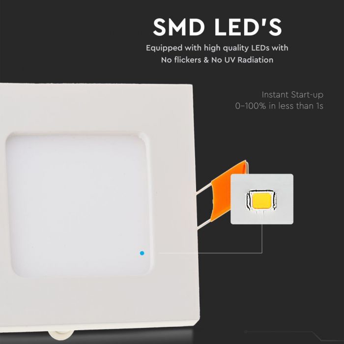 6W (420Lm) LED paneel süvistatav ruut, V-TAC, soe valge valgus 3000K, koos toiteplokiga.