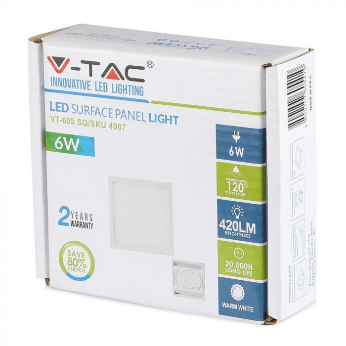 6W(420Lm) LED Panelis virsapmetuma kvadrāta, V-TAC, auksti balta gaisma 6000K, komplektā ar barošanās bloku