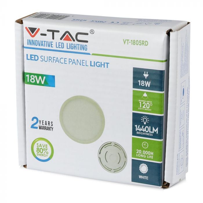 18W(1500Lm) LED Panelis virsapmetuma apaļš, V-TAC, silti balta gaisma 3000K, komplektā ar barošanās bloku