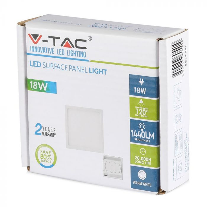 18W(1500Lm) LED Panel surface plaster square, V-TAC, warm white light 3000K, complete with power supply unit