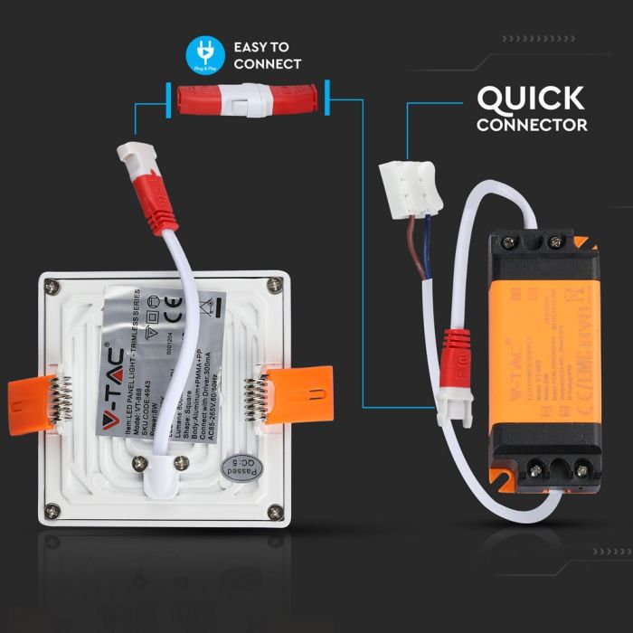 8W(800Lm) LED paneel süvistatav ruut, V-TAC, soe valge valgus 3000K, koos toiteplokiga.