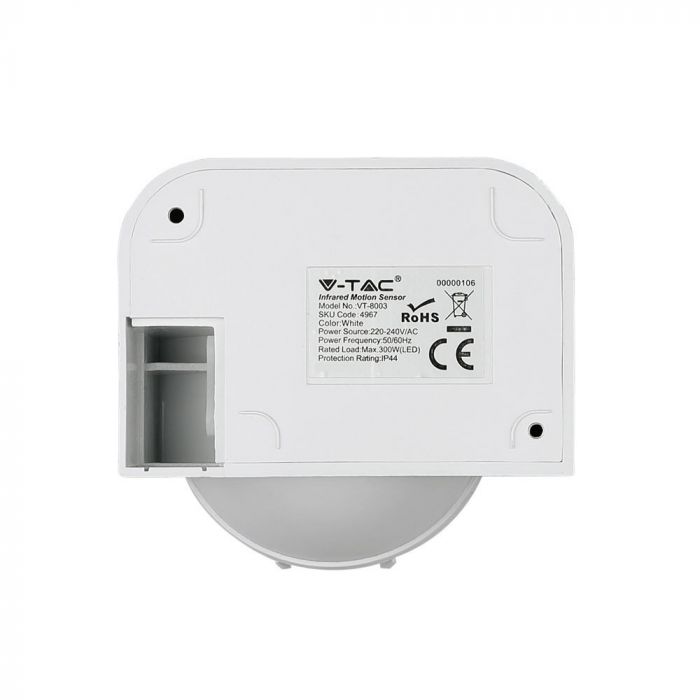 Infrared motion sensor, white, adjustable time and LUX, Max 300W LED, IP44, 360°, V-TAC
