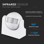 Infrasarkanais kustības sensors, balts, regulējams laiks un LUX, Max 300W LED, IP44,   360°, V-TAC