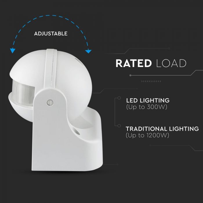 Infrared motion sensor, white, adjustable time and LUX, Max 300W LED, IP44, 360°, V-TAC