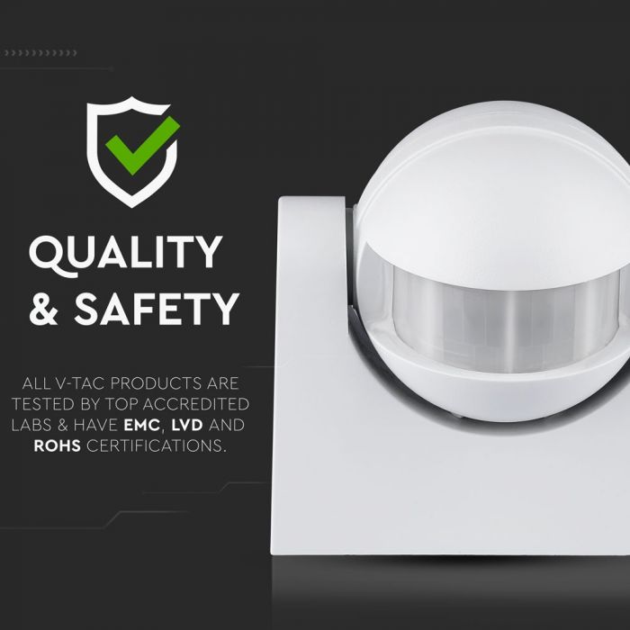 Infrasarkanais kustības sensors, balts, regulējams laiks un LUX, Max 300W LED, IP44,   360°, V-TAC