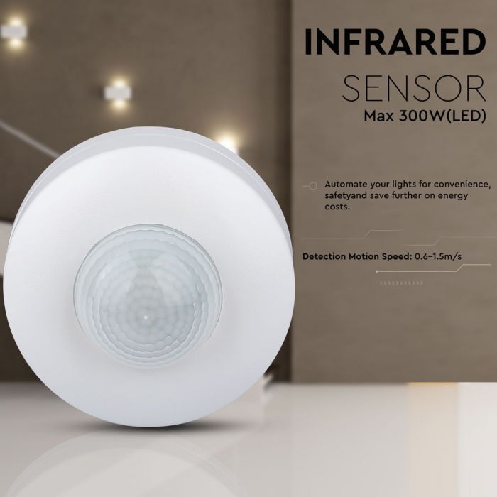 Infrared motion sensor, ceiling, white, adjustable time and LUX, Max 300W LED, 360°, V-TAC