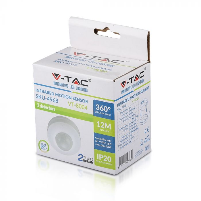 Infrasarkanais kustības sensors, griestu, balts, regulējams laiks un LUX,  Max 300W LED,  360°, V-TAC