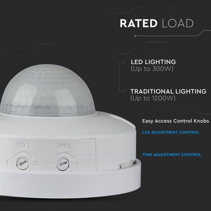 Infrared motion sensor, ceiling, white, adjustable time and LUX, Max 300W LED, 360°, V-TAC
