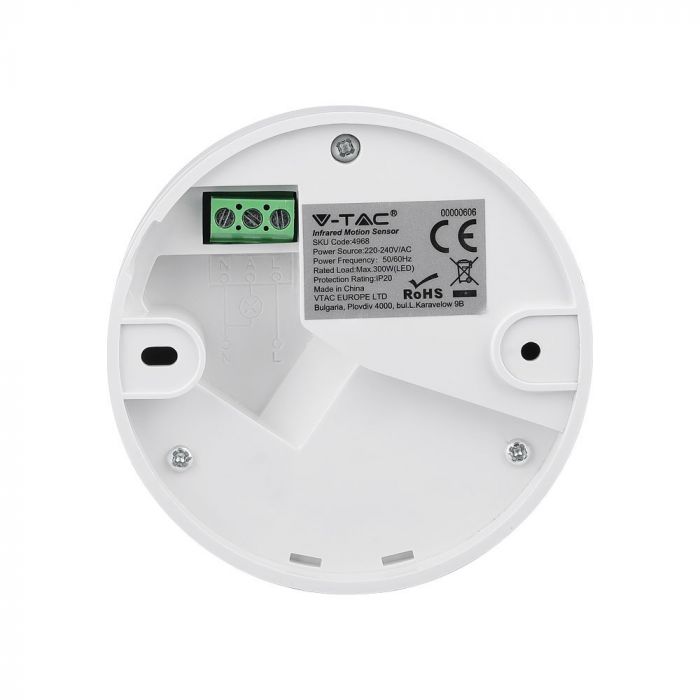 Infrared motion sensor, ceiling, white, adjustable time and LUX, Max 300W LED, 360°, V-TAC