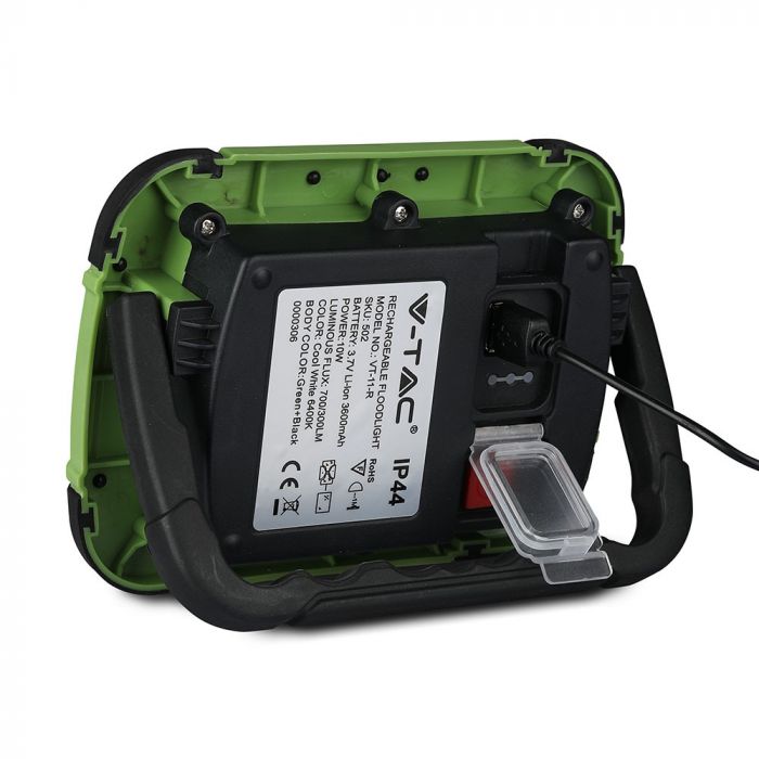10W(700Lm) LED Prožektors, 3.7V Li-Ion 3600mAh, uzlādējams, USB, V-TAC SAMSUNG, IP44, melns/zaļš korpuss, auksti balta gaisma 6400K