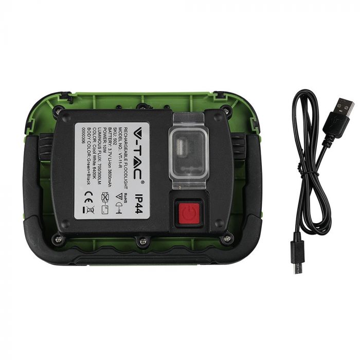 10W(700Lm) LED Prožektors, 3.7V Li-Ion 3600mAh, uzlādējams, USB, V-TAC SAMSUNG, IP44, melns/zaļš korpuss, auksti balta gaisma 6400K