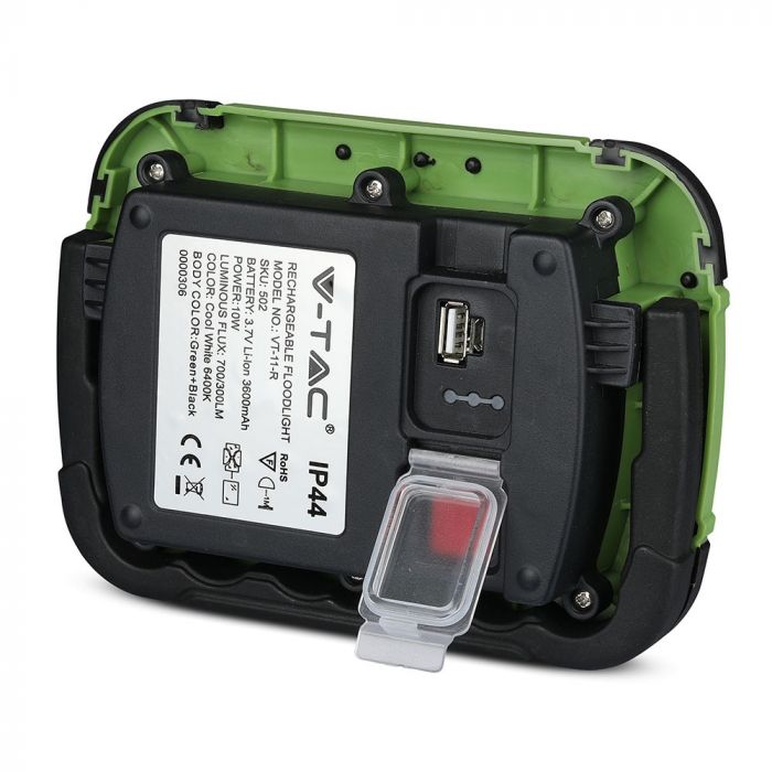 10W(700Lm) LED Prožektors, 3.7V Li-Ion 3600mAh, uzlādējams, USB, V-TAC SAMSUNG, IP44, melns/zaļš korpuss, auksti balta gaisma 6400K