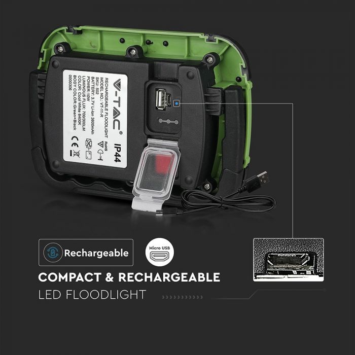 10W(700Lm) LED Spotlight, 3.7V Li-Ion 3600mAh, rechargeable, USB, V-TAC SAMSUNG, IP44, black/green body, cold white light 6400K
