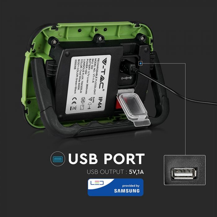10W(700Lm) LED Prožektors, 3.7V Li-Ion 3600mAh, uzlādējams, USB, V-TAC SAMSUNG, IP44, melns/zaļš korpuss, auksti balta gaisma 6400K