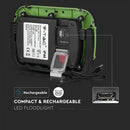 10W(700Lm) LED Spotlight, 3.7V Li-Ion 3600mAh, rechargeable, USB, V-TAC SAMSUNG, IP44, black/green body, cold white light 6400K