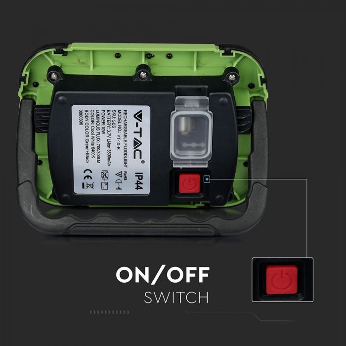 10W(700Lm) LED Spotlight, 3.7V Li-Ion 3600mAh, rechargeable, USB, V-TAC SAMSUNG, IP44, black/green body, cold white light 6400K