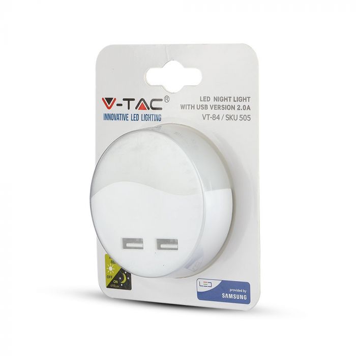 0.5W(10Lm) LED nakts gaismeklis ar sensoru, V-TAC SAMSUNG, IP20, spraužams rozetē, silti balta gaisma 3000K
