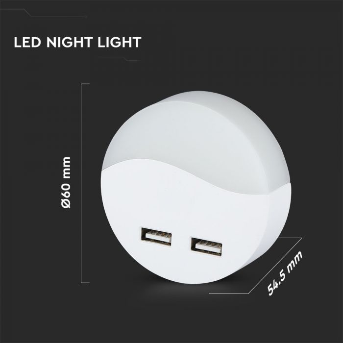 0.5W(10Lm) LED nakts gaismeklis ar sensoru, V-TAC SAMSUNG, IP20, spraužams rozetē, silti balta gaisma 3000K