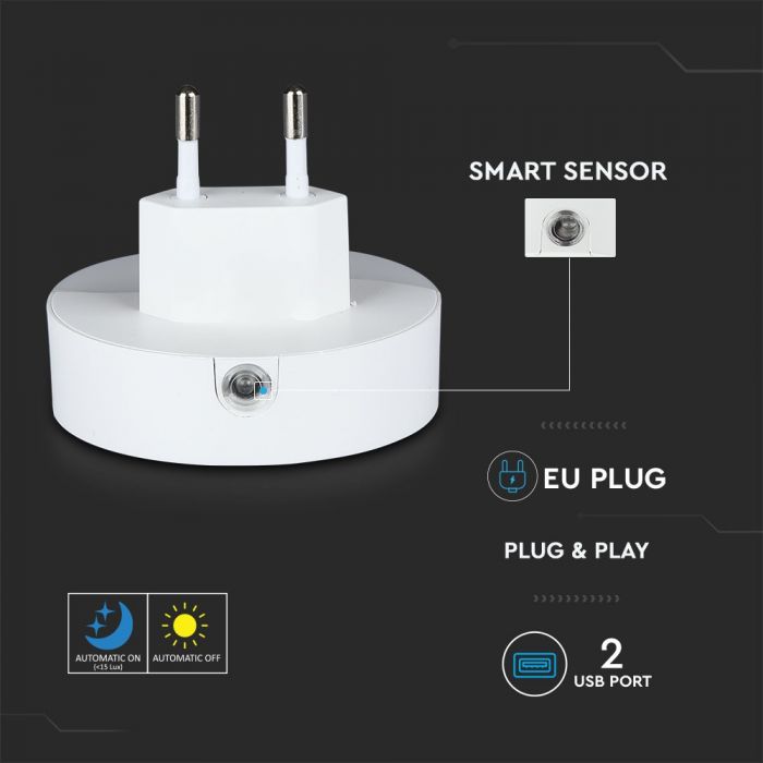 0.5W(10Lm) LED nakts gaismeklis ar sensoru, V-TAC SAMSUNG, IP20, spraužams rozetē, silti balta gaisma 3000K