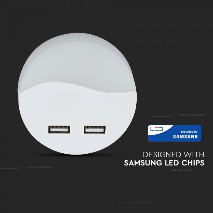 0.5W(10Lm) LED nakts gaismeklis ar sensoru, V-TAC SAMSUNG, IP20, spraužams rozetē, neitrāli balta gaisma 4000K