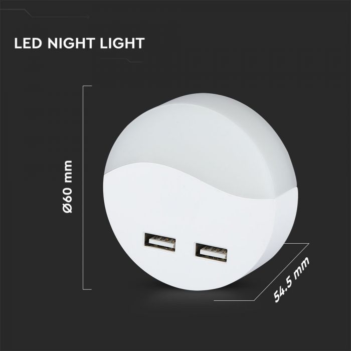 0.5W(10Lm) LED nakts gaismeklis ar sensoru, V-TAC SAMSUNG, IP20, spraužams rozetē, neitrāli balta gaisma 4000K
