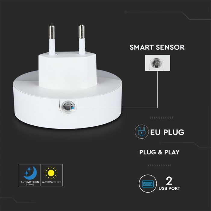 0.5W(10Lm) LED night light with sensor, V-TAC SAMSUNG, IP20, plug-in socket, neutral white light 4000K