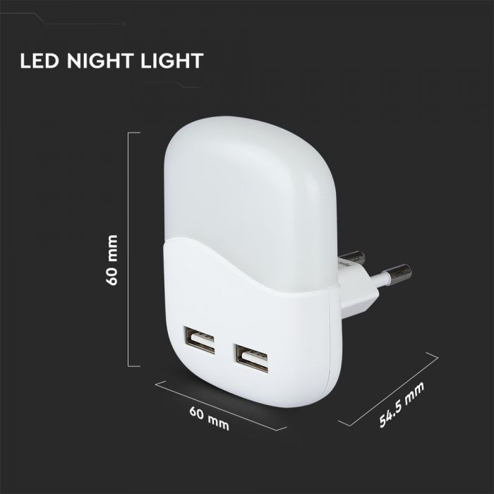 0.5W(10Lm) LED nakts gaismeklis ar sensoru, V-TAC SAMSUNG, IP20, spraužams rozetē, silti balta gaisma 3000K
