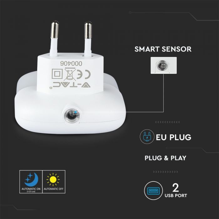 0.5W(10Lm) LED nakts gaismeklis ar sensoru, V-TAC SAMSUNG, IP20, spraužams rozetē, silti balta gaisma 3000K