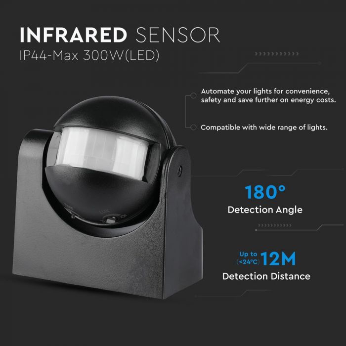 Infrasarkanais kustību sensors, melns, regulējams laiks un LUX (līdz 300W), V-TAC