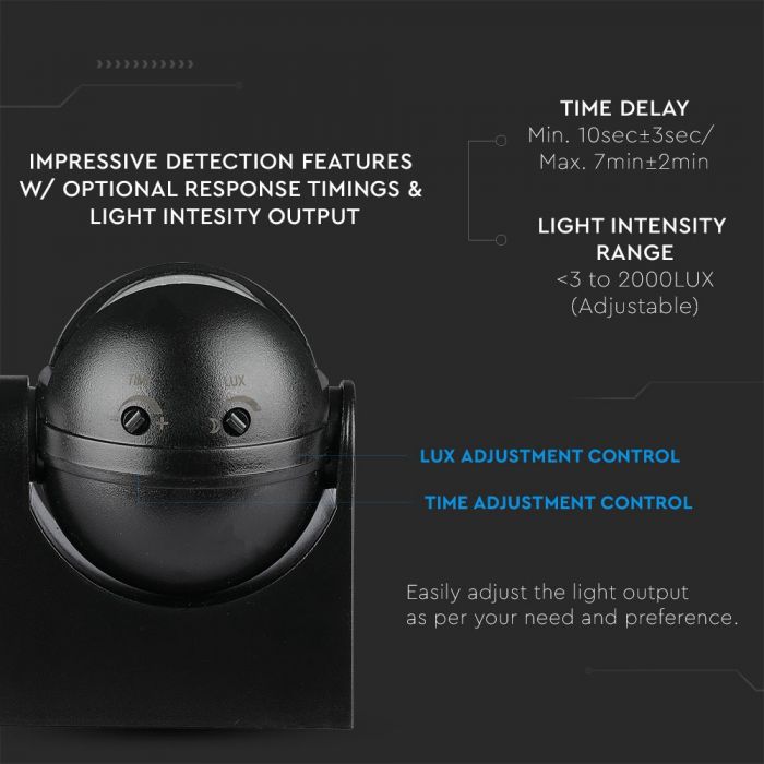 Infrared motion sensor, black, adjustable time and LUX (up to 300W), V-TAC