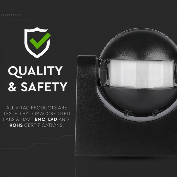 Infrasarkanais kustību sensors, melns, regulējams laiks un LUX (līdz 300W), V-TAC