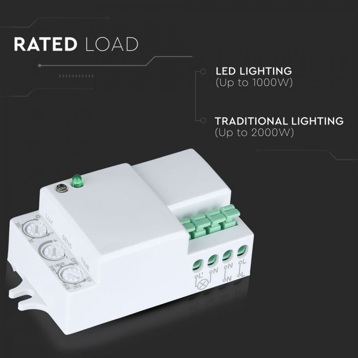 LED 300W Microwave motion sensor, IP20, Max 300W LED, 180°/360°, white, V-TAC